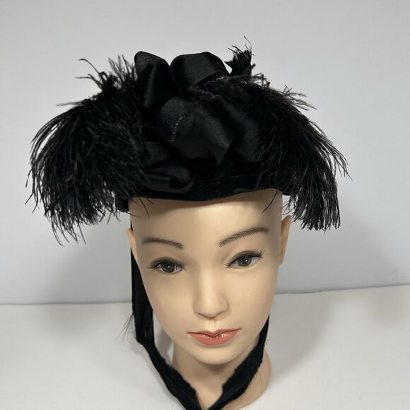 Antique Victorian Mourning Hat Bonnet Black Velvet Ribbons Feathers Beads Black main image 9